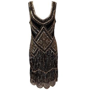 VTG 1920s Great Gatsby Lady London Flapper Dress Black Gold Sequin Beads 10 US